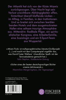Texte: Beschreibung einer post-apokalyptischen Stimmung in Miami, Lob eines Literaturprojekts, Zitate von Kritikern. Unten ein Logo.