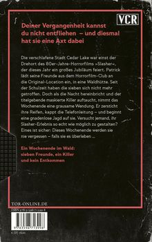 Der Text beschreibt ein Wochenende in einer Waldhütte, sieben Freunde, ein Killer, keine Flucht. Vintage Horrorfilm-Stil.