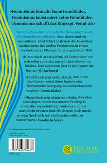 „Feminismus braucht keine Feindbilder...“ Zitate von Mithu Sanyal, Teresa Bücker, und Carolin Kebekus auf blauem Hintergrund. Links ein Logo.
