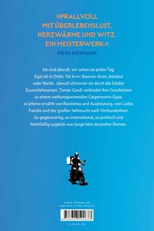 Zitat: „Prallvoll mit Überlebenslust, Herzwärme und Witz. Ein Meisterwerk.“ Illustration: Ein Lieferant auf einem Roller.