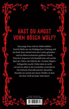 Titel: "HAST DU ANGST VORM BÖSEN WOLF?"  
Text über einen Thriller mit Märchenelementen. Rote Rankenverzierungen.