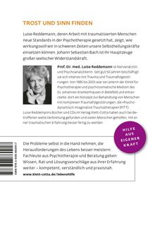 TROST UND SINN FINDEN. Luise Reddemann zeigt, wie Selbstheilungskräfte wirken. Foto einer Frau. Runde lila Form: HILFE AUS EIGENER KRAFT.