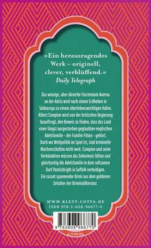 Zitat: „Ein herausragendes Werk – originell, clever, verblüffend.“ – Daily Telegraph. Text erklärt eine Krimihandlung.