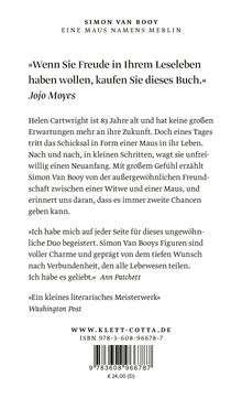 Titel: "Eine Maus namens Merlin" von Simon Van Booy. Zitate von Jojo Moyes und Ann Patchett loben das Buch. Preis: 24,00 €.