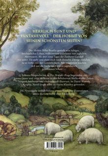 Text über "Der Hobbit" und Bilbo Beutlin, mit Hinweis auf Illustrationen. Darunter Landschaft mit Bäumen, Bergen, Tieren.