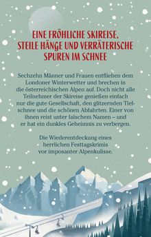Titel in Rot: "EINE FRÖHLICHE SKIREISE, STEILE HÄNGE UND VERRÄTERISCHE SPUREN IM SCHNEE". Winterillustration der Alpen.