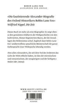 Zitate von "Die Zeit" und "Damals" loben Robin Lane Fox' Alexander-Biografie. ISBN: 978-3-608-98915-1, Preis: €25,00.