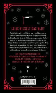 "LEISE RIESELT DAS BLUT" in Rot. Illustration eines blutenden Messers und eines Schlüssels, umgeben von Schneeflocken.