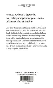 Text oben: „Martin Puchner, Kultur“. Zitat: „Dieses Buch ist [...] gebildet, waghalsig und gekonnt gemeistert.“ – Alexander Kluy, Buchkultur. Dann folgt ein Text über eine kulturelle Reise durch historische Epochen und Orte. Unten: Verlag „Klett-Cotta“, ISBN und Preis samt Barcode.