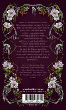 Verzierter Rahmen mit Blumen und Ranken um einen Text über eine Hexe und Monster. Unten Preisangabe und Website.