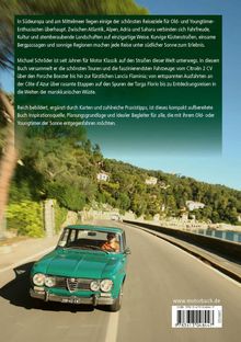 Texte beschreiben Reisen in Südeuropa für Oldtimer-Freunde. Eine Straße am Meer, ein grüner Oldtimer mit Fahrer.