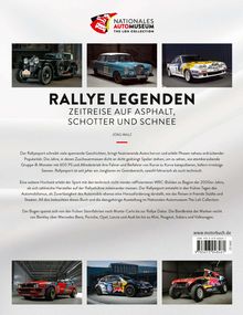 "Rallye Legenden: Zeitreise auf Asphalt, Schotter und Schnee" - Oben: drei klassische Rallye-Autos. Mitte: große Schrift, unten: Textblock. Oben links: Logo Nationales Automuseum.