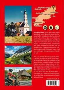 Ein Motorradfahrer vor einer Kirche in Süddeutschland; Landkarte mit Städten; Alpenpanorama; Biker vor Fachwerkhaus.