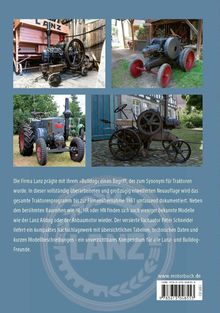 Text über Traktoren von Firma Lanz, bekannt als "Bulldog". Vier Fotos von klassischen Traktoren und landwirtschaftlichen Maschinen.