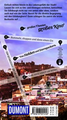 Texte: "Großes Theater, großes Kino", "Bummeln, shoppen und dann einen Gin", "Von Helden und Sternguckern", "Edle Bauten für edle Läden und Lokale", "Vom Botanischen Garten zum Urban Village", "Eine neue 'Stadt am Meer'", "Achtes Weltwunder".  
Hintergrund: Skyline einer Stadt mit Burgen. Unten: Logo "Dumont". Pastellfarben dominieren.