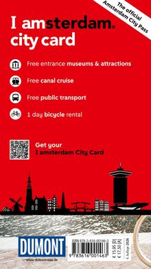 „I amsterdam city card“ bietet Gratiseintritte, Kanalrundfahrten, Transport, Fahrradmiete. Skyline und QR-Code enthalten.