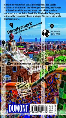 "Wunderwerk märchenhafter Baukunst. Im Schatten des Windes. Kunst kommt von Spielen." zeigt Barcelonas Skyline und Gebäude.
