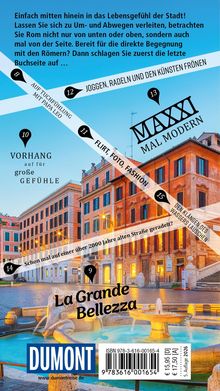 Ein Stadtbild mit Texten wie "La Grande Bellezza", "MAXXI Mal Modern", "Joggen, Radeln und den Künsten frönen" und "DUMONT".