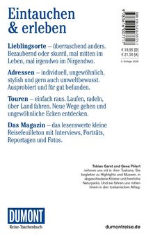 Texte: "Eintauchen & erleben. Lieblingsorte – überraschend anders. Adressen – individuell, ungewöhnlich. Touren – einfach raus. Das Magazin – lesenswert. Tobias Garst und Gesa Pölert nehmen uns mit in 'ihre' Toskana." Unten links ist ein blaues Logo: "DUMONT Reise-Taschenbuch".