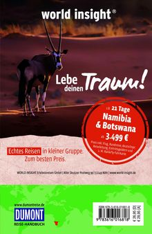 "World insight", "Lebe deinen Traum!", "Echtes Reisen in kleiner Gruppe. Zum besten Preis." Ein Oryx vor Dünenlandschaft.