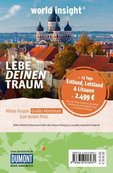 Text: "LEBE DEINEN TRAUM. Estland, Lettland & Litauen ab 2.499 €." Im Hintergrund eine Stadt mit einer orthodoxen Kirche.