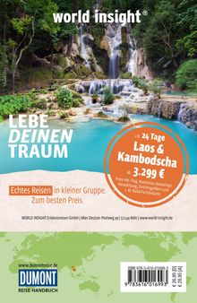 "Lebe deinen Traum." Wasserfall umgeben von üppiger Vegetation. Grüner Hintergrund mit Weltkarte und Reiseinformationen.