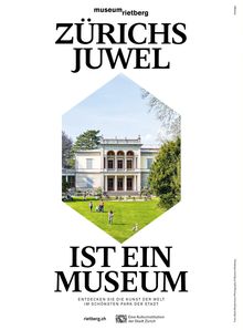 ZÜRICHS JUWEL IST EIN MUSEUM. Im Hintergrund eine Villa in einem grünen Park. Menschen spazieren auf der Wiese.