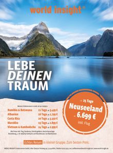 Texte: "LEBE DEINEN TRAUM", "Neuseeland 6.699 €". Foto eines Sees mit Bergen im Hintergrund.
