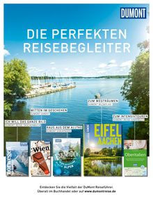 Über dem Bild eines Sees steht: "DIE PERFEKTEN REISEBEGLEITER". Darunter werden verschiedene Reisebücher gezeigt.