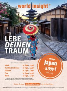 Lebe deinen Traum. Japan 5.399 € inkl. Flug. Eine Person in Kimono mit einem bunten Schirm in einer traditionellen Straße.