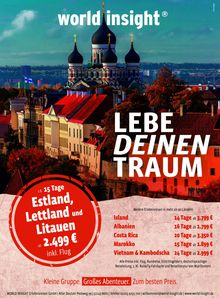 "world insight", "LEBE DEINEN TRAUM", "Estland, Lettland und Litauen ab 2.499 € inkl. Flug". Bild zeigt orthodoxe Kathedrale.