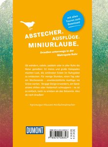 Abstecher. Ausflüge. Miniurlaube. Gelber Hintergrund mit blauem Kreis, linke Seite in grünem Farbverlauf.