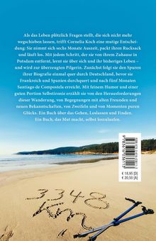 Ein Abschnitt beschreibt Cornelia Kochs Reise, die zur Pilgerin wurde, mit 3348 km im Sand geschrieben, vor einer Küstenlandschaft.