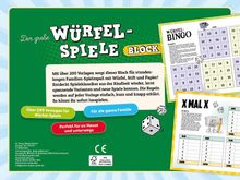 "Der große Würfelspiele Block" steht auf grünem Hintergrund, mit Beschreibungen und Illustration von Würfelspielen.