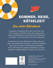 "Sommer, Reise, Rätselzeit. Das dicke Rätselbuch" steht oben. Unten sind bunte Illustrationen: Wassermelone und Rettungsring.