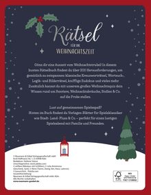 Rätsel für die Weihnachtszeit. Illustration mit Schnee, Baum, Laterne und Stechpalme. Texte zu Rätseln und Spielvorlagen.