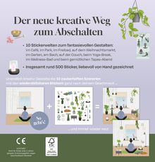 "Der neue kreative Weg zum Abschalten" beschreibt eine Gestaltungsidee mit wiederablösbaren Stickern in 10 Szenarien.