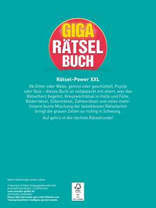 "GIGA RÄTSEL BUCH" steht in einem roten Kreis. Darunter: Rätsel-Power XXL, gefolgt von einer Beschreibung über Rätselarten.