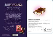 "DEIN TBR-STAPEL RUFT. DAS ORAKEL ANTWORTET." 
Illustration eines Buches. Text beschreibt ein Kartenset zur Buchauswahl.