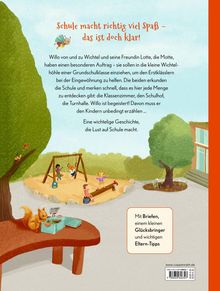 Text: "Schule macht richtig viel Spaß – das ist doch klar!"  
Illustration: Kinder spielen auf einem Spielplatz, ein Eichhörnchen sitzt an einem Tisch.