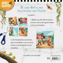 "32 coole Motive zum Ausschneiden und Puzzeln. So geht’s: 1. Blätter aus dem Block trennen. 2. Puzzleteile anordnen." Eine Illustration zeigt mehrere bunte Bildausschnitte und eine Schere.