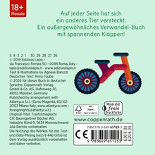 "Auf jeder Seite hat sich ein anderes Tier versteckt. Ein außergewöhnliches Verwandel-Buch mit spannenden Klappen!" Ein stilisiertes Fahrrad und "18+ Monate" in einer roten Box.