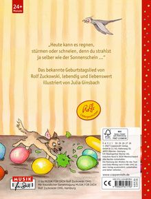 „Heute kann es regnen...“ Geburtstagslied von Rolf Zuckowski. Illustrationen: Hund, Ballons, Vogel. Rotes Logo rechts.
