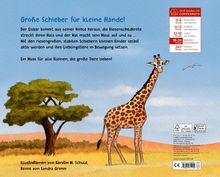 "Große Schieber für kleine Hände!" Text, Illustration mit Giraffe, Baum und Vogel. Geeignet für verschiedene Altersgruppen.