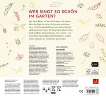 "Wer singt so schön im Garten?" Text erklärt, dass 12 Vogelarten mit Fotos und Gesängen vorgestellt werden. Illustrationen von Blättern.