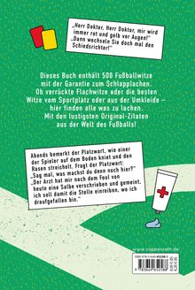 Text auf Grün: "Dieses Buch enthält 500 Fußballwitze..." Bunte Karten, Tubensymbol, Fußballfeld-Stil.