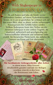Text: "With Shakespeare in a Forbidden Love. Die berühmteste Liebesgeschichte aller Zeiten." Illustration mit Rosen, alten Büchern und Schrift.
