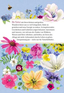 Ein Text beschreibt die Natur und Entspannung. Viele bunte Blumen und eine Biene bilden eine lebendige Illustration.