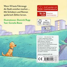 Ein Hund sitzt auf einem grünen Hügel vor einer Skyline. Links oben steht: "Wenn 10 laute Fahrzeuge die Stadt unsicher machen..."