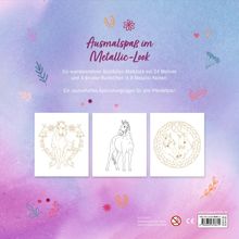 „Ausmalspaß im Metallic-Look“ steht oben. Bunte Illustrationen von Blumen und Hufeisen umrahmen drei Pferdebilder.